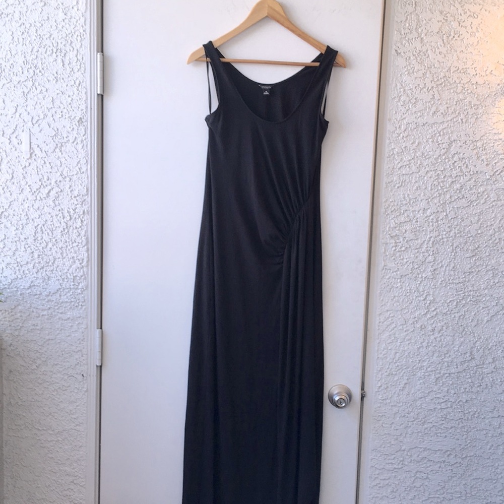 Ann Taylor Ruched Black Maxi Dress Medium Soft Flowy Classic